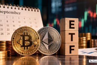 Physical Bitcoin and Ethereum coins standing next to wooden blocks spelling ETF with a September calendar in the background.