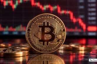 Physical gold Bitcoin coin standing upright in front of a falling red market chart.