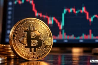 Gold Bitcoin coin in front of a digital trading candlestick chart