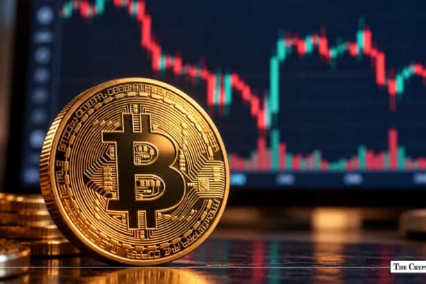 Gold Bitcoin coin in front of a digital trading candlestick chart