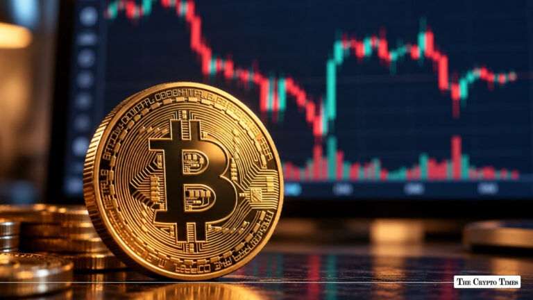 Gold Bitcoin coin in front of a digital trading candlestick chart