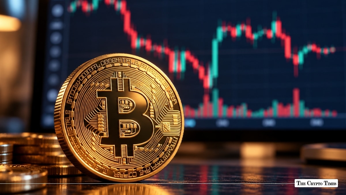 Gold Bitcoin coin in front of a digital trading candlestick chart
