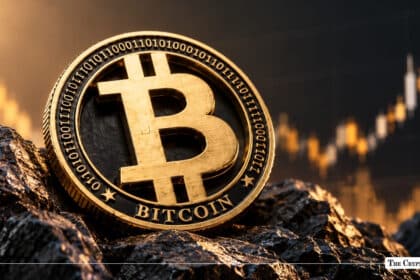 Gold Bitcoin coin on black coal with a market chart background