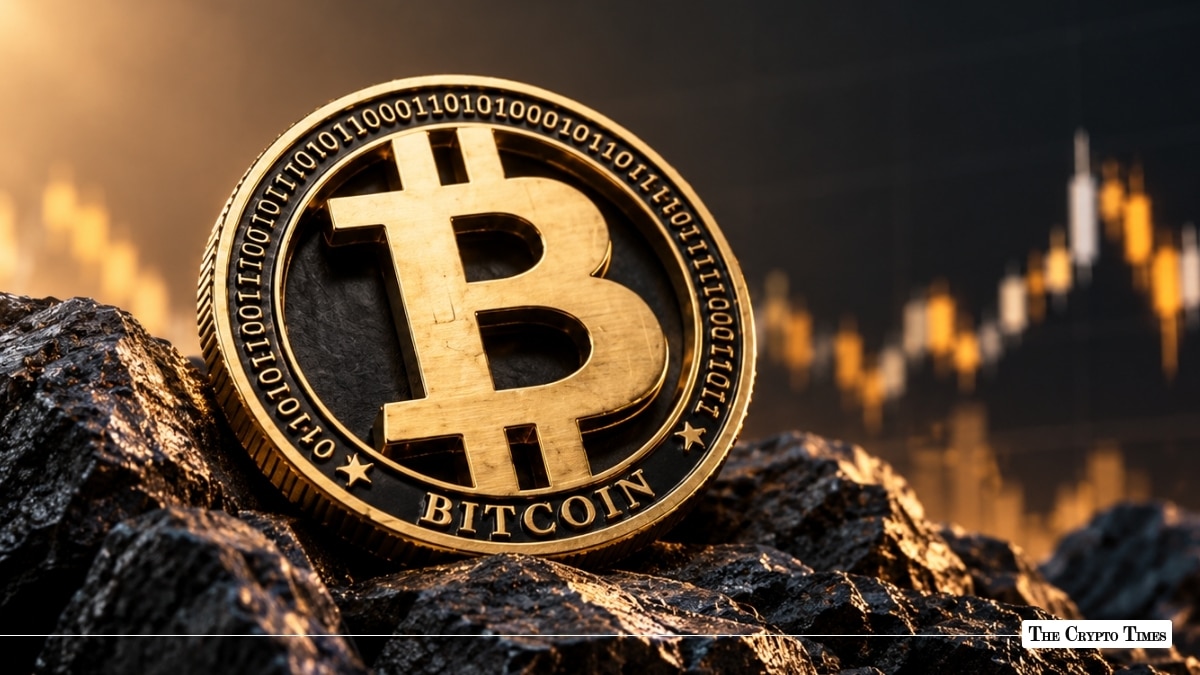 Gold Bitcoin coin on black coal with a market chart background