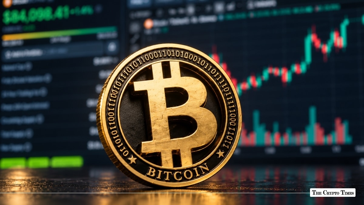 Gold Bitcoin BTC coin in front of a market price chart
