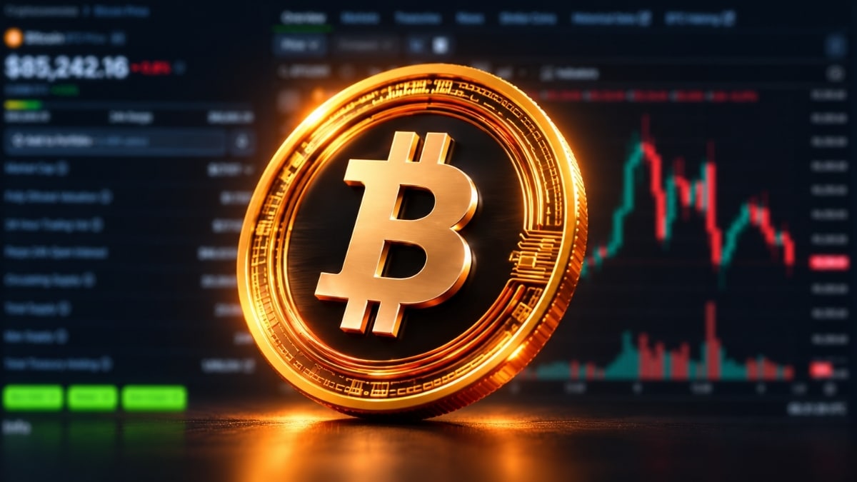 Gold Bitcoin BTC token coin in front of a live market trading chart