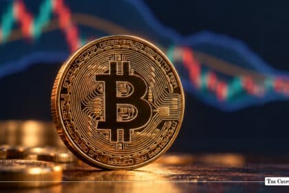 Physical gold Bitcoin coin set against a financial market chart background