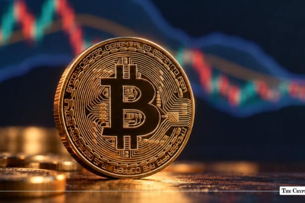 Physical gold Bitcoin coin set against a financial market chart background