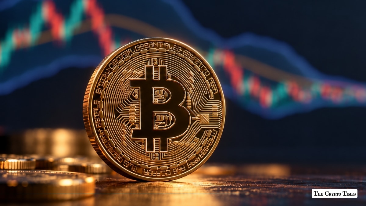 Physical gold Bitcoin coin set against a financial market chart background