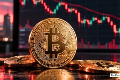 Shiny physical Bitcoin (BTC) coin standing among scattered tokens with a red and green candlestick price chart in the background