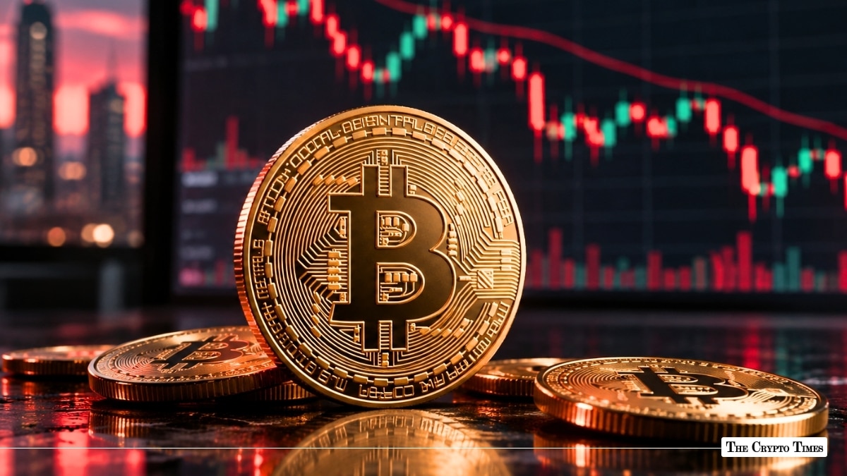 Shiny physical Bitcoin (BTC) coin standing among scattered tokens with a red and green candlestick price chart in the background