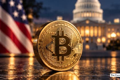 A physical gold Bitcoin coin standing on a reflective surface with the U.S. Capitol building and American flag blurred in the background.