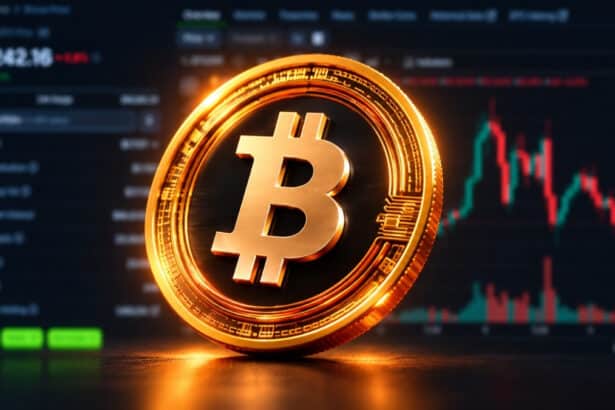 Shiny 3D Bitcoin token standing on a dark desk with a candlestick chart and trading dashboard displayed in the background