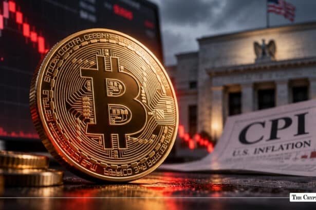 Gold Bitcoin coin beside a US CPI inflation report and the Federal Reserve building