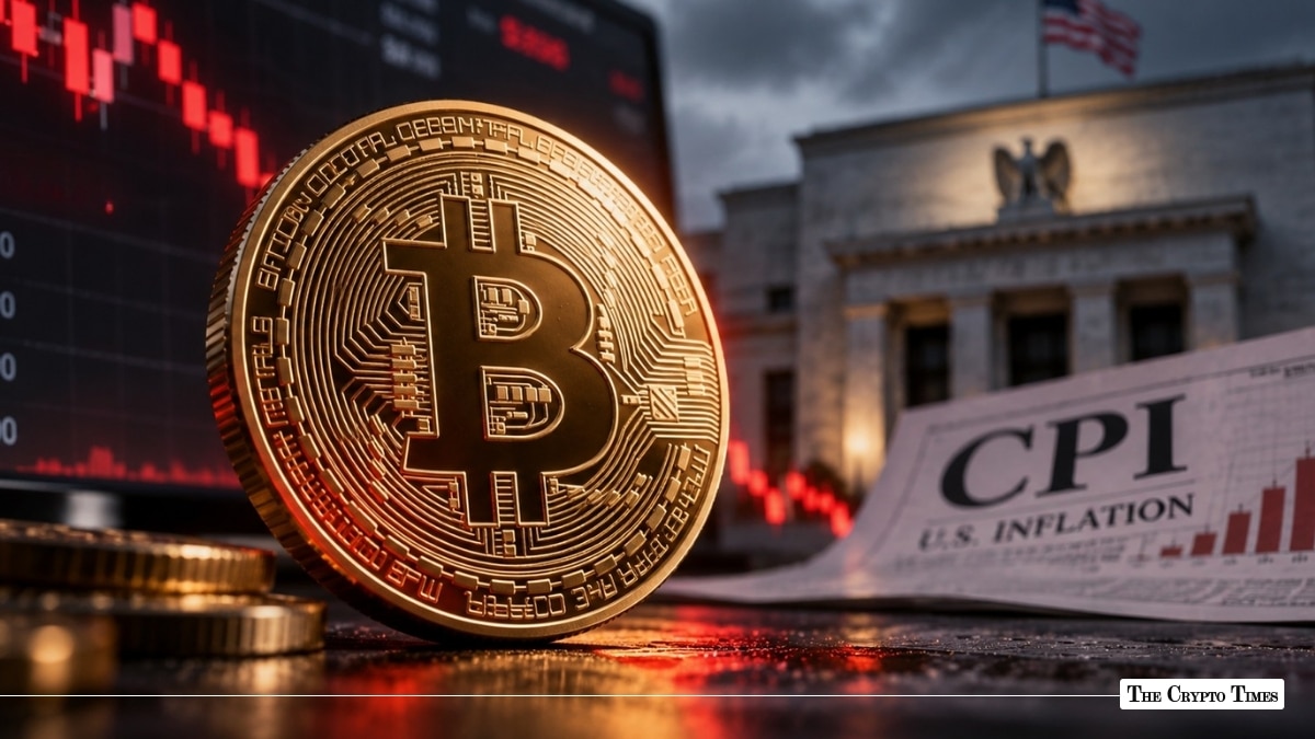 Gold Bitcoin coin beside a US CPI inflation report and the Federal Reserve building