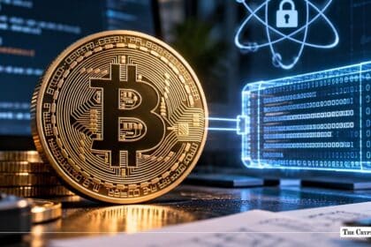 Gold Bitcoin coin connected to a glowing blue digital data block and security padlock graphic.