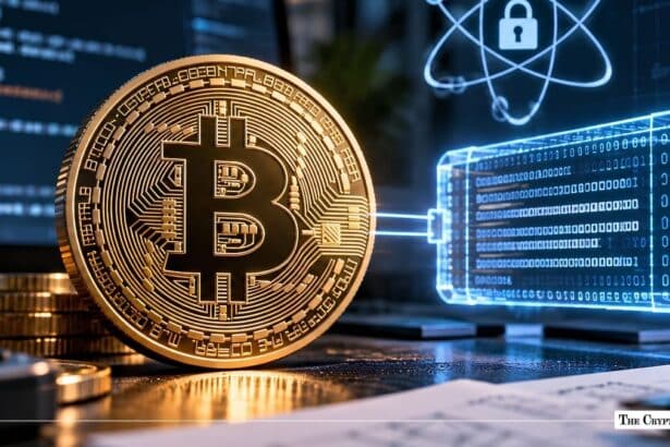 Gold Bitcoin coin connected to a glowing blue digital data block and security padlock graphic.