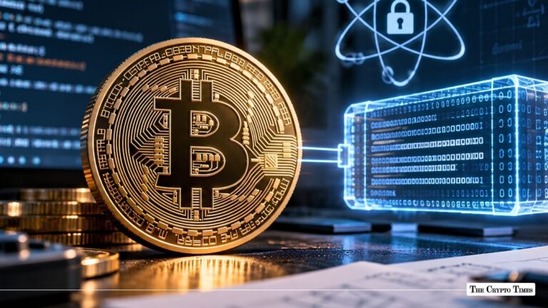 Gold Bitcoin coin connected to a glowing blue digital data block and security padlock graphic.