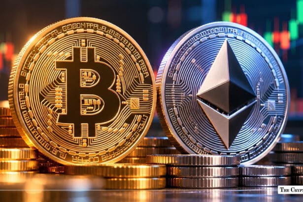 Physical gold Bitcoin and silver Ethereum coins side by side against a stock market chart.