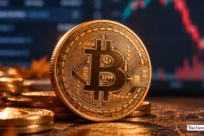 Gold Bitcoin BTC coin standing upright with autumn leaves and a fluctuating crypto trading chart background
