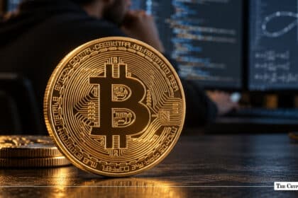 Gold Bitcoin BTC coin in front of a computer screen showing code