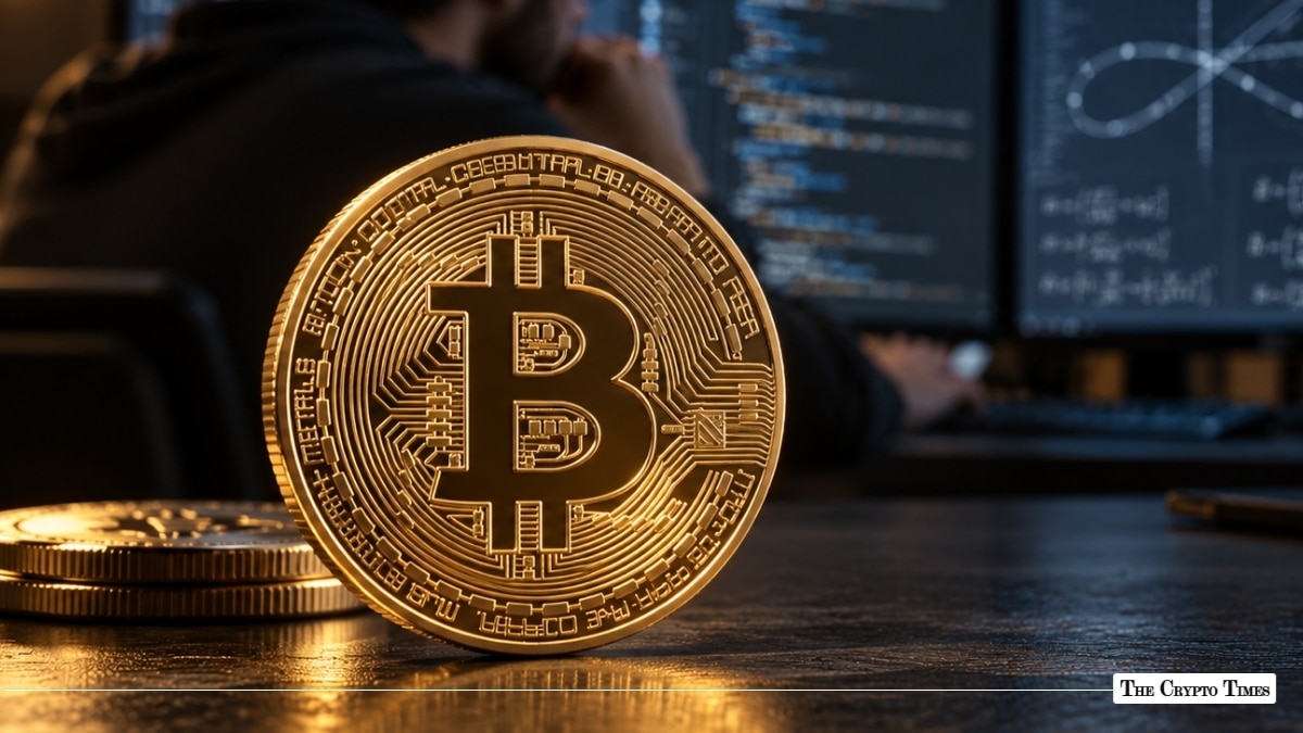 Gold Bitcoin BTC coin in front of a computer screen showing code