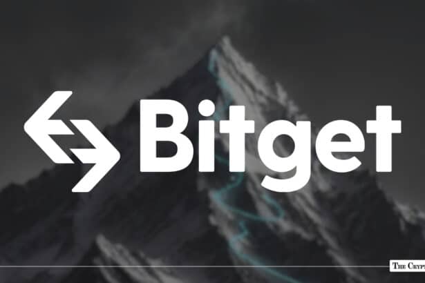 White Bitget exchange logo overlaying a dark mountain peak background