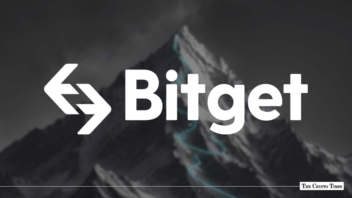 White Bitget exchange logo overlaying a dark mountain peak background