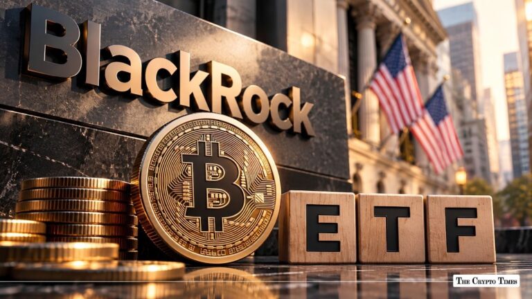 Physical Bitcoin coin and ETF block letters displayed in front of BlackRock branding and Wall Street buildings.