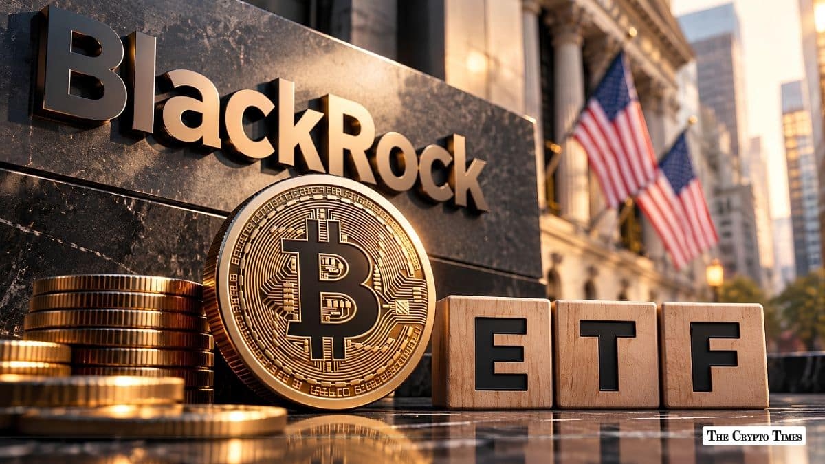 Physical Bitcoin coin and ETF block letters displayed in front of BlackRock branding and Wall Street buildings.