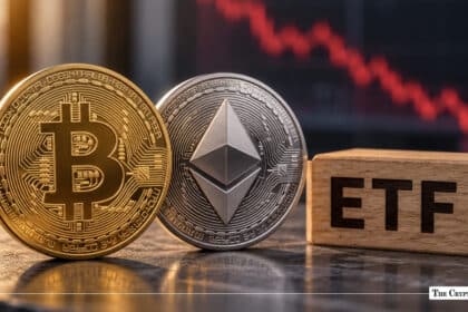 Bitcoin and Ethereum coins next to an ETF block in front of a declining chart
