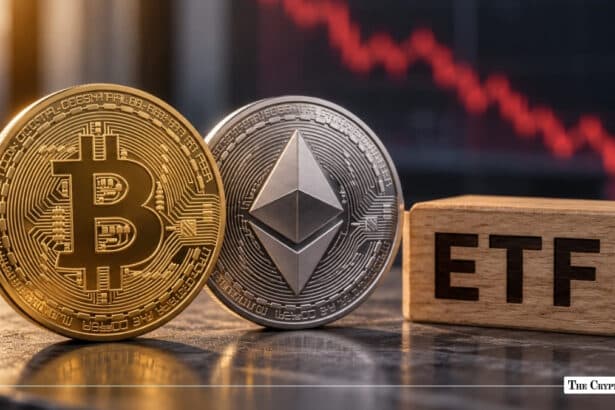 Bitcoin and Ethereum coins next to an ETF block in front of a declining chart