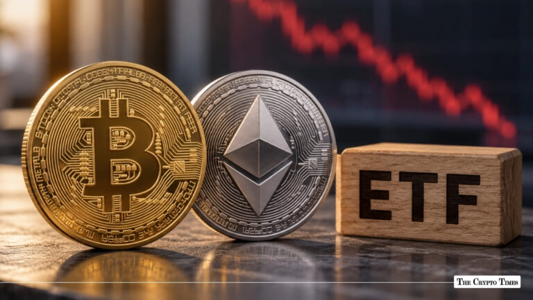 Bitcoin and Ethereum coins next to an ETF block in front of a declining chart