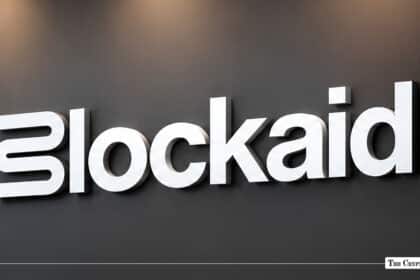 Blockaid company signage with white lettering mounted on a dark grey wall.