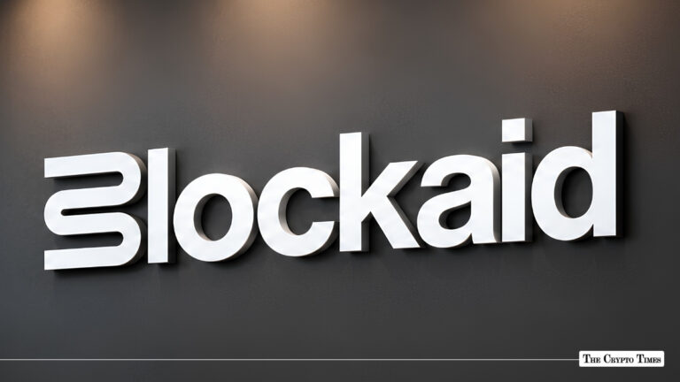 Blockaid company signage with white lettering mounted on a dark grey wall.