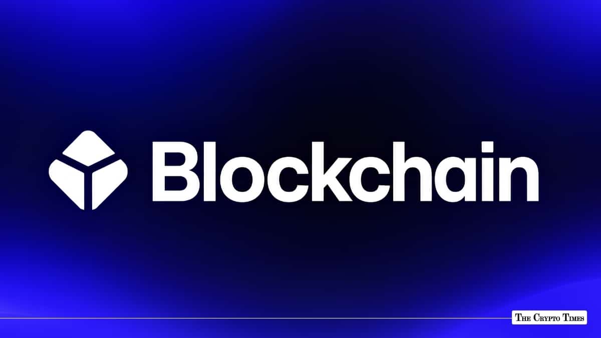 Blockchain.com white geometric logo and lettering on a blue gradient background.