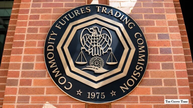 Official seal of the Commodity Futures Trading Commission (CFTC) mounted on a red brick wall.