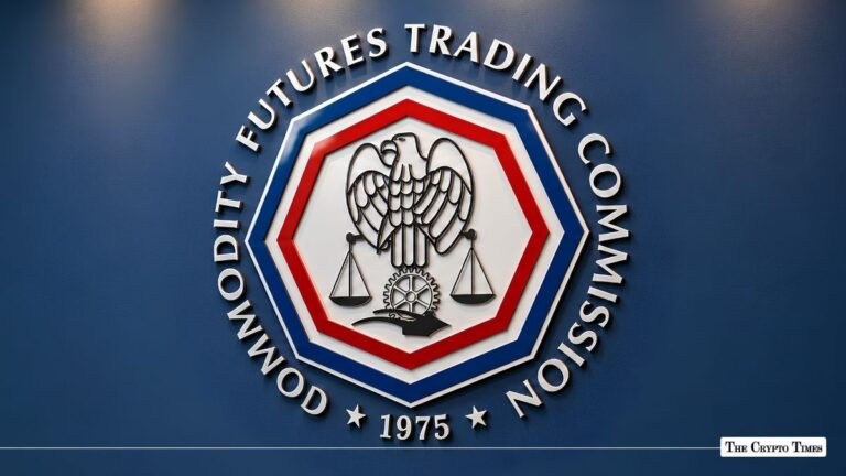 Official seal of the Commodity Futures Trading Commission (CFTC) mounted on a blue wall.