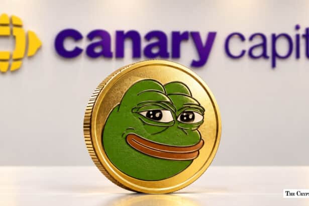 Gold Pepe PEPE meme coin displayed in front of a Canary Capital corporate logo