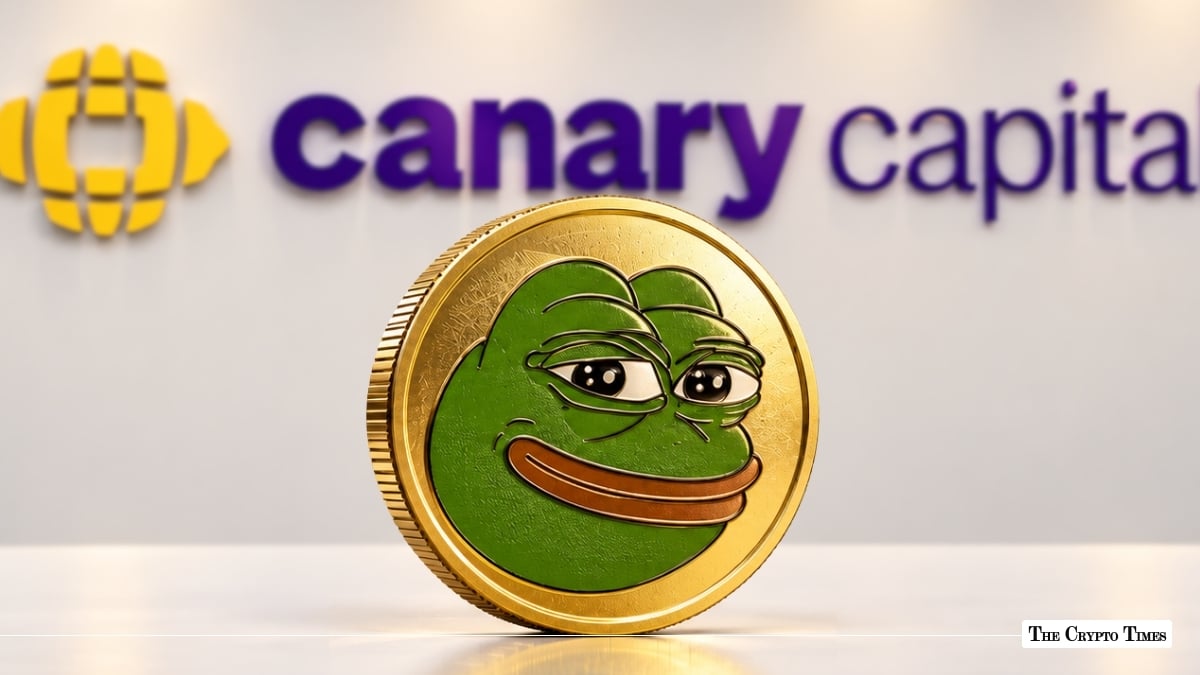 Gold Pepe PEPE meme coin displayed in front of a Canary Capital corporate logo