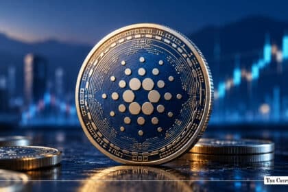 Physical metallic Cardano (ADA) coin standing upright with an upward-trending blue financial chart and cityscape in the background
