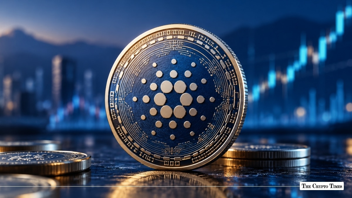 Physical metallic Cardano (ADA) coin standing upright with an upward-trending blue financial chart and cityscape in the background
