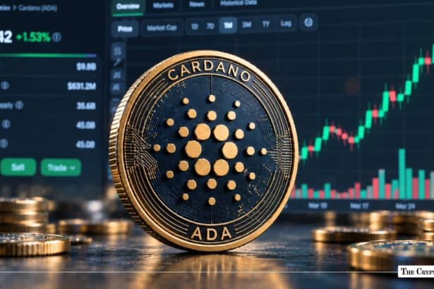 Physical Cardano ADA coin resting against a stock price chart displaying bullish green candles