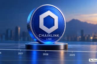 Blue Chainlink LINK coin on a pedestal with a price prediction timeline from 2026 to 2030