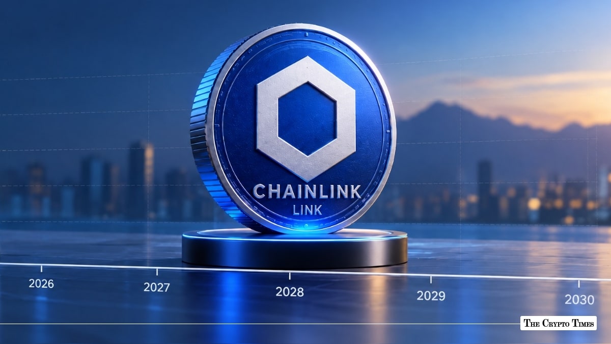 Blue Chainlink LINK coin on a pedestal with a price prediction timeline from 2026 to 2030