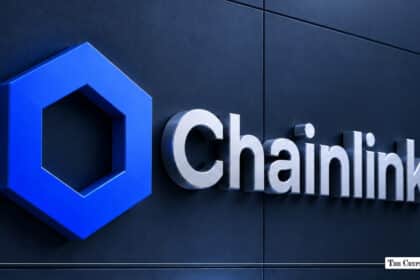 3D blue hexagon icon and silver Chainlink signage mounted on a dark textured wall