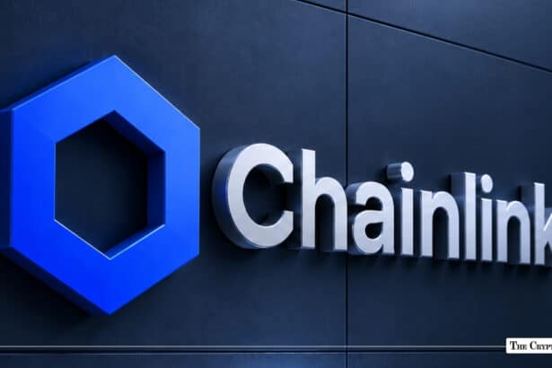 3D blue hexagon icon and silver Chainlink signage mounted on a dark textured wall