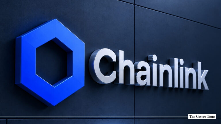 Chainlink corporate wall sign featuring a blue hexagonal emblem and silver lettering.