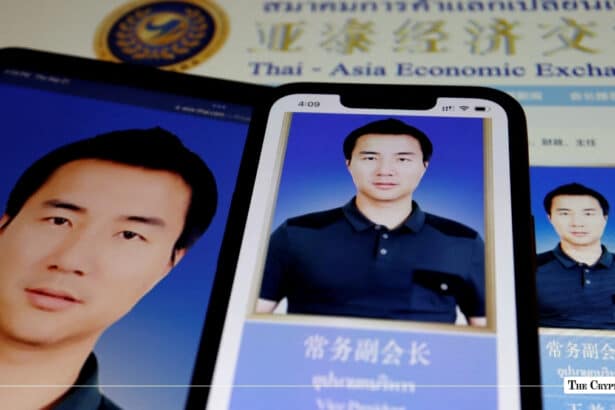Smartphone and tablet displaying executive portrait photos over Thai-Asia Economic Exchange text