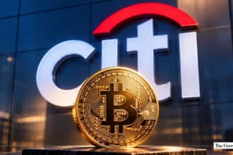 Physical gold Bitcoin coin placed in front of a giant Citi bank logo background